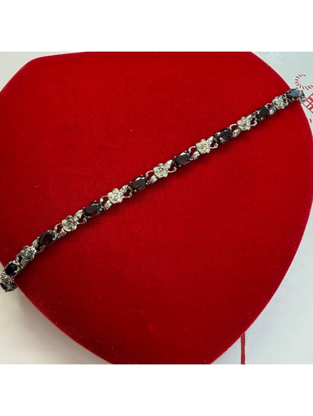 Garnet & sterling with rose detail tennis bracelet vintage 90s